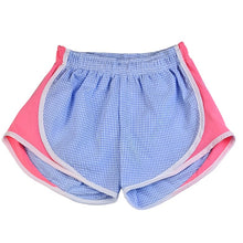 Load image into Gallery viewer, Girl&#39;s Athletic Shorts - Blue &amp; White Seersucker w/ Pink Sides
