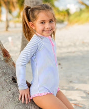 Load image into Gallery viewer, Periwinkle Blue Seersucker LS One Piece Rash Guard