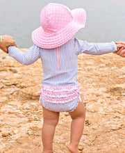 Load image into Gallery viewer, Baby Girls Periwinkle Blue Seersucker L/S One Piece Rash Guard