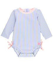 Load image into Gallery viewer, Baby Girls Periwinkle Blue Seersucker L/S One Piece Rash Guard