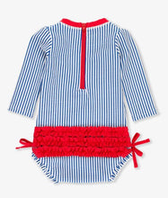 Load image into Gallery viewer, Baby Girls Blue Seersucker L/S One Piece Rash Guard