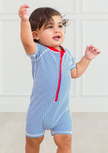 Load image into Gallery viewer, Baby Boys Blue Seersucker S/S One Piece Rash Guard
