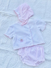 Load image into Gallery viewer, Pink &amp; White Diaper Set w/ Bow Embroidery &amp; Bonnet
