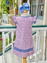 Load image into Gallery viewer, Red &amp; Blue Floral  Shift Dress w/ Flutter Sleeve.
