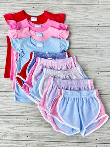 Girl's Athletic Shorts - Blue & White Seersucker w/ Pink Sides