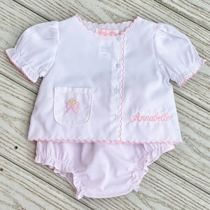 Pink & White Diaper Set w/ Bow Embroidery & Bonnet
