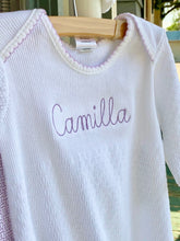 Load image into Gallery viewer, Paty L/S Knit Baby Lap Shoulder Gown - White w/Lavender Trim & Bow