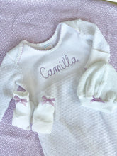 Load image into Gallery viewer, Paty L/S Knit Baby Lap Shoulder Gown - White w/Lavender Trim & Bow