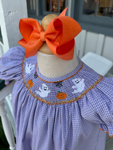 Load image into Gallery viewer, Halloween Purple & White Gingham Smocked Dress - Size 24 months only