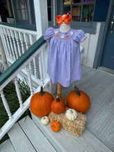 Load image into Gallery viewer, Halloween Purple & White Gingham Smocked Dress - Size 24 months only
