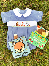 Load image into Gallery viewer, Navy Blue Micro-Check Bubble Smocked with Woodland Friends
