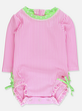 Load image into Gallery viewer, Baby Girls Neon Pink Seersucker L/S One Piece Rash Guard