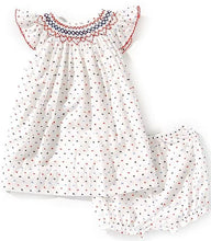 Load image into Gallery viewer, Red, white & Blue Swiss Dot Smocked Dress