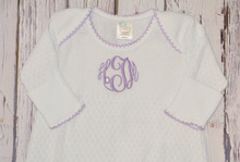 Load image into Gallery viewer, Paty L/S Knit Baby Lap Shoulder Gown - White w/Lavender Trim & Bow