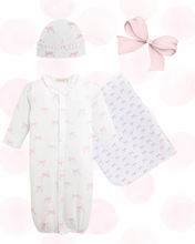 Load image into Gallery viewer, "Pretty Bows" Set - Ruffled Converter Gown, Ruffled Hat and Blanket