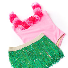 Load image into Gallery viewer, Hula Lei Swimsuit &amp; Fringe Skirt Size 4 only
