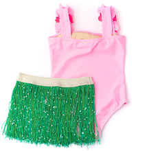 Load image into Gallery viewer, Hula Lei Swimsuit &amp; Fringe Skirt Size 4 only
