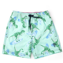 Load image into Gallery viewer, "Surfin' Dinos" Print Swim Trunks