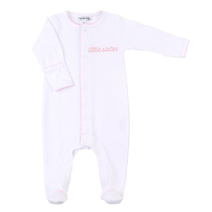 "Little Sister" White & Pink Embroidered Footie