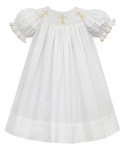 Load image into Gallery viewer, Infant Girl&#39;s S/S Bishop Dress White with Smocked Ecru Cross
