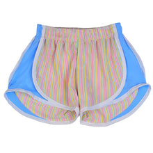 Load image into Gallery viewer, Girl&#39;s Athletic Shorts - Pastel Rainbow with Blue Sides
