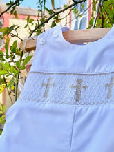 Load image into Gallery viewer, Infant Boy&#39;s White Shortall with Smocked Ecru Cross
