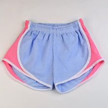 Load image into Gallery viewer, Girl&#39;s Athletic Shorts - Blue &amp; White Seersucker w/ Pink Sides

