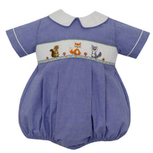 Load image into Gallery viewer, Navy Blue Micro-Check Bubble Smocked with Woodland Friends
