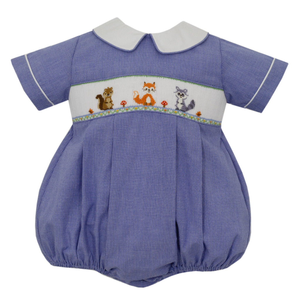 Navy Blue Micro-Check Bubble Smocked with Woodland Friends