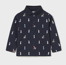 Load image into Gallery viewer, L/S Boy&#39;s Polo Shirt  -  Navy with All Over Dog Print Sizes 18 months only
