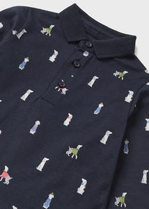 L/S Boy's Polo Shirt  -  Navy with All Over Dog Print Sizes 18 months only