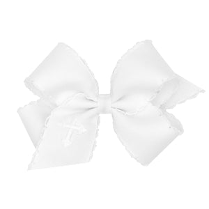 Grosgrain Bow w Moon-stitch Edge Embroidered Cross Light Pink or White