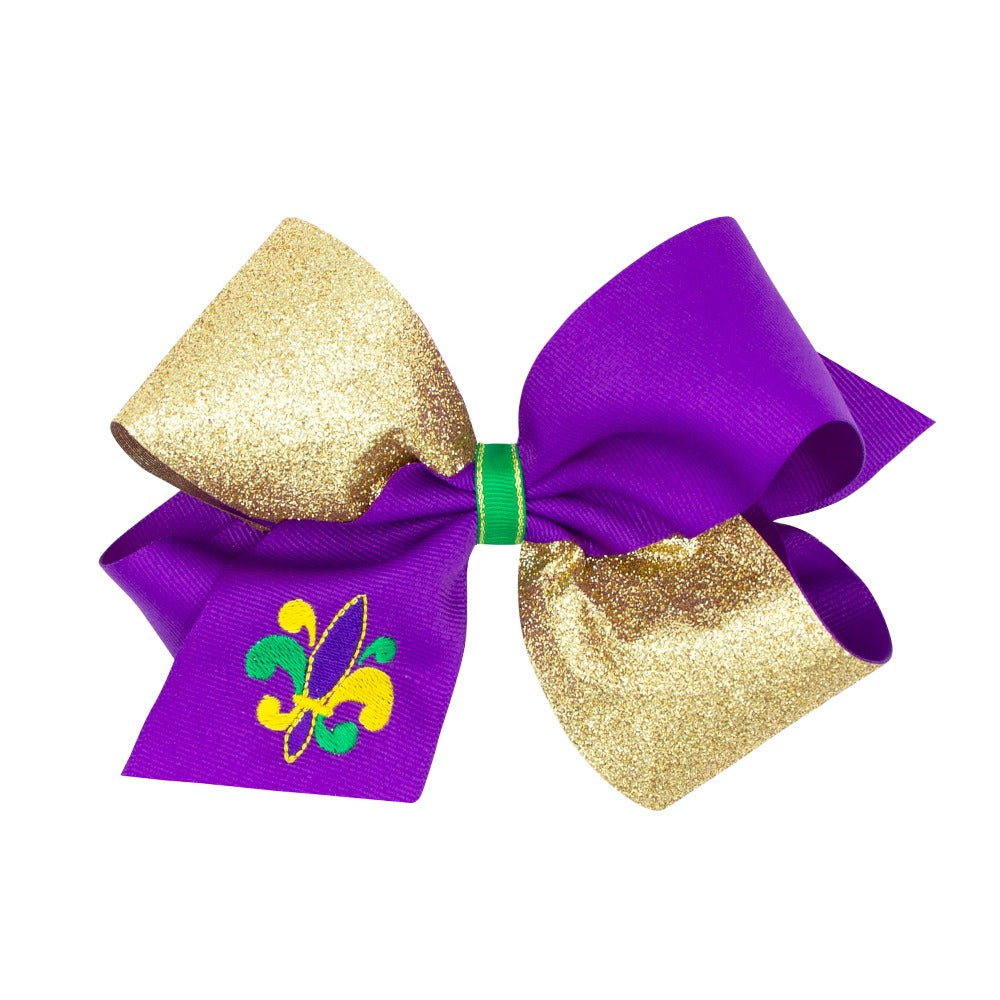 Mardi Gras Glitzy Overlay Hair Bow w/ Embroidered Tail