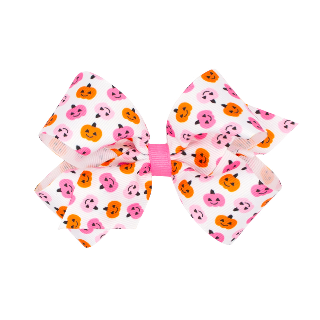 Pink & Orange Jack-o-Lantern Print Hairbow.