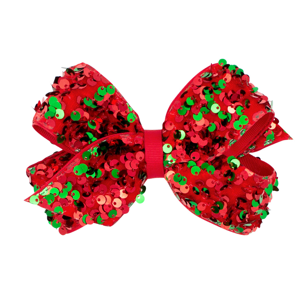 Red & Green Sequin Hair Bow - Medium