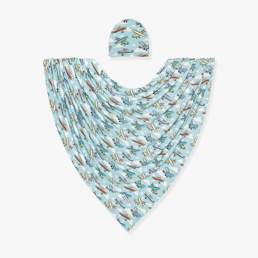 Posh Planes Swaddle & Beanie Set