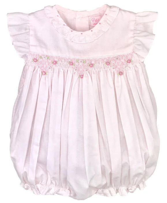 Rosebud Smocked Pink Ruffle Collared Bubble