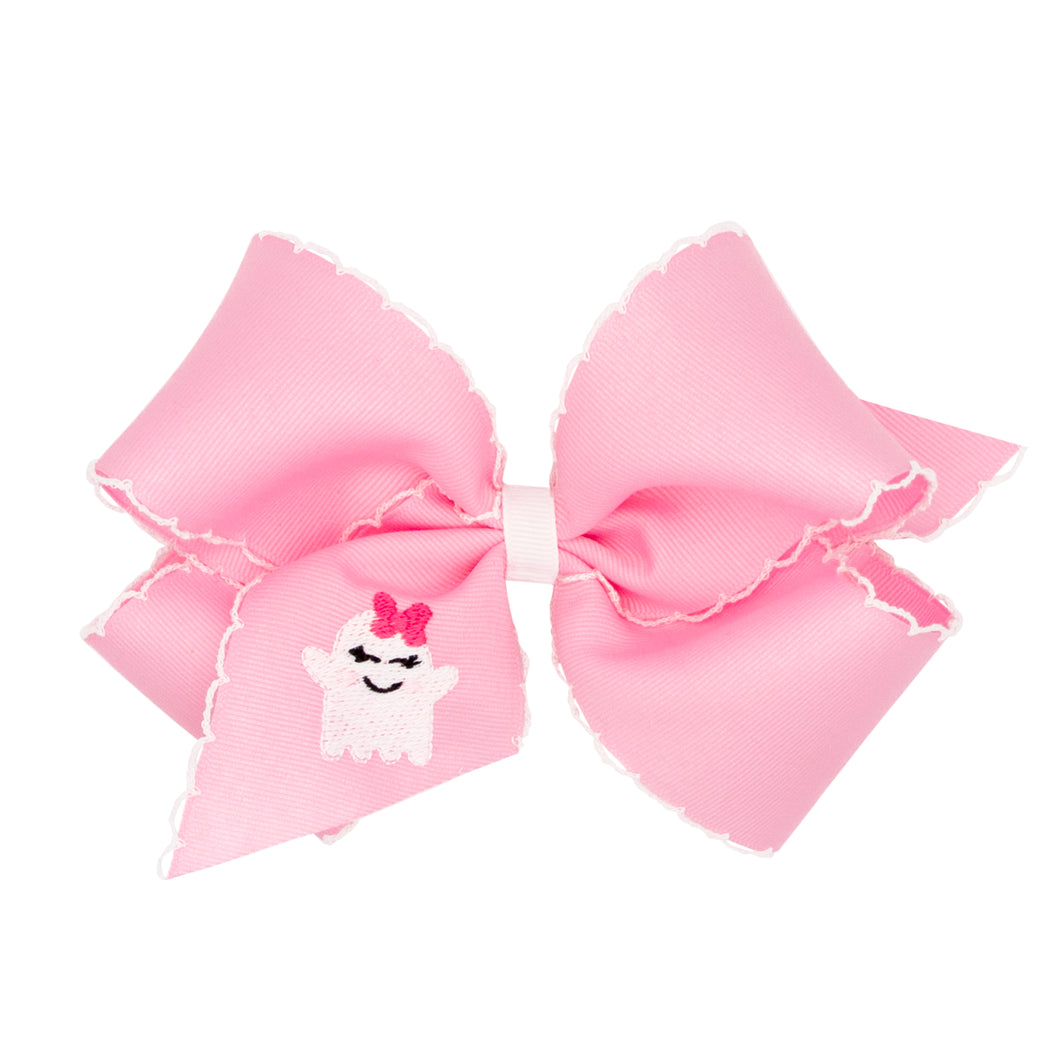 Pink Halloween Embroidered Moon stitch Bow with Ghost Embroidery