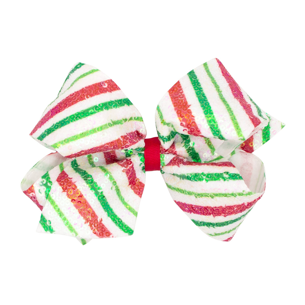 Sequin Hairbow -  Green, Red & White Stripe