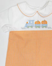 Load image into Gallery viewer, Pumpkin Train Orange Gingham Shortall
