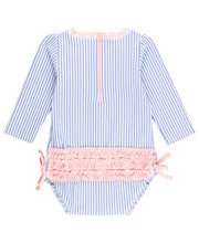 Load image into Gallery viewer, Baby Girls Periwinkle Blue Seersucker L/S One Piece Rash Guard - Monogrammed
