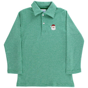 Green & White Micro-Stripe Knit Polo w/ Santa Embroidery