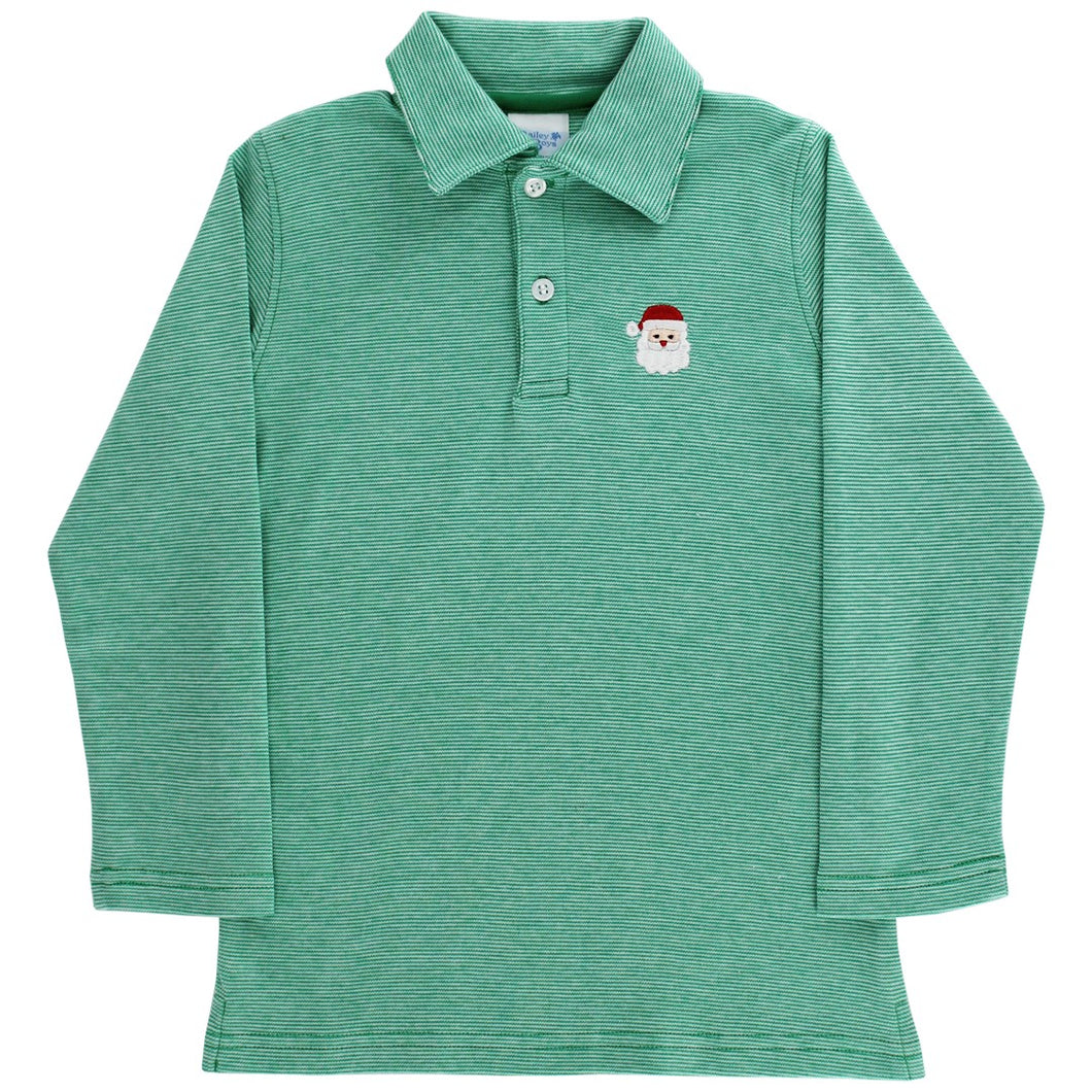 Green & White Micro-Stripe Knit Polo w/ Santa Embroidery