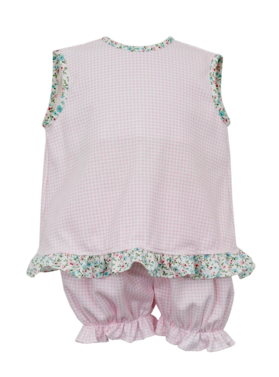 Pink Gingham Knit Bloomer set with Floral Trim