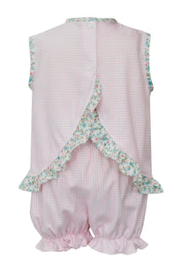 Pink Gingham Knit Bloomer set with Floral Trim