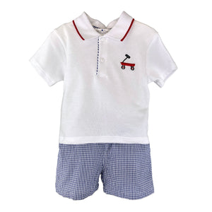 Red Wagon Appliqued Polo Top & Gingham Short Set