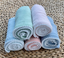 Load image into Gallery viewer, Cotton Muslim Swaddle Blanket w/ Pom-Pom Trim - Assorted styles
