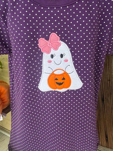 Purple Polka-Dot Ghost Applique Halloween Dress