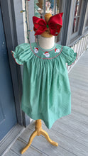Load image into Gallery viewer, Green Gingham Smocked Santa Bishop Dress
