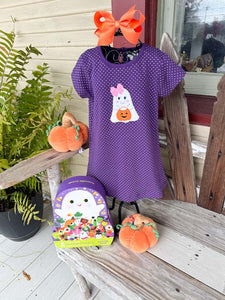 Purple Polka-Dot Ghost Applique Halloween Dress